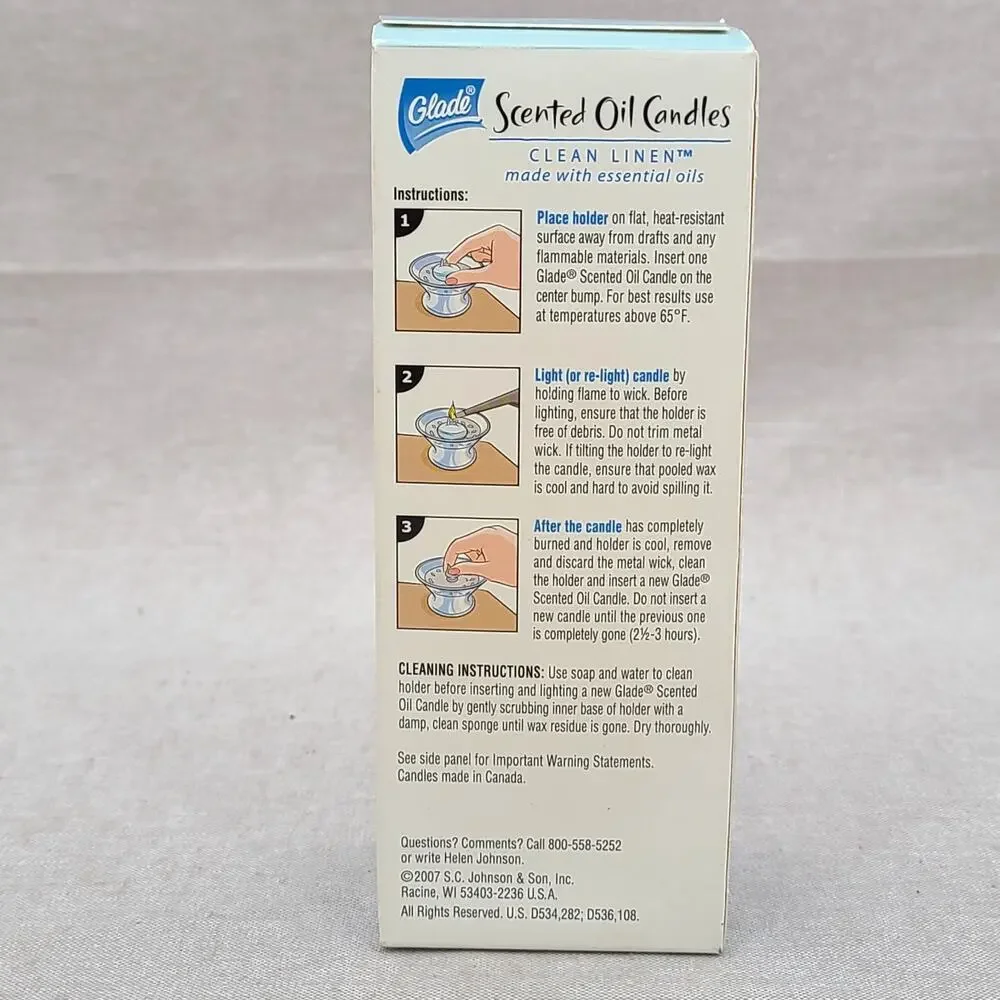 GLADE Clean Linen Scented Oil Candles 3 Refills 1.5 oz NEW